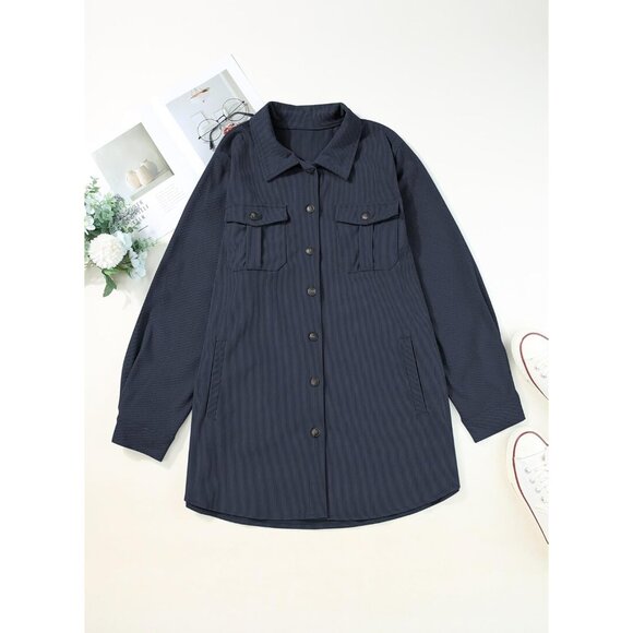 Womens Navy Blue Plus Size Plaid Shacket Long Sleeve Button Down Casual Jacket - Picture 3 of 5